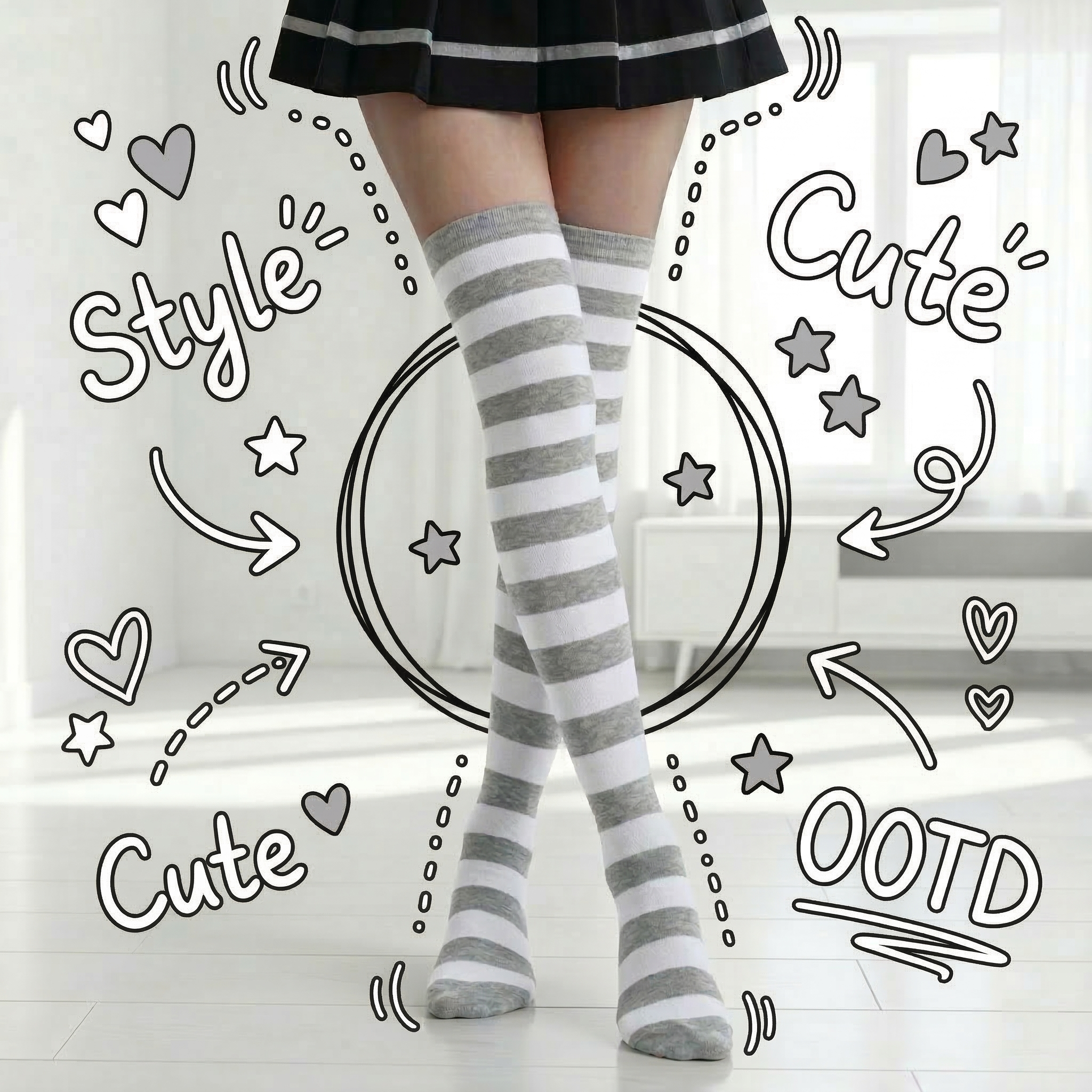 かわいいしましま靴下 グレー