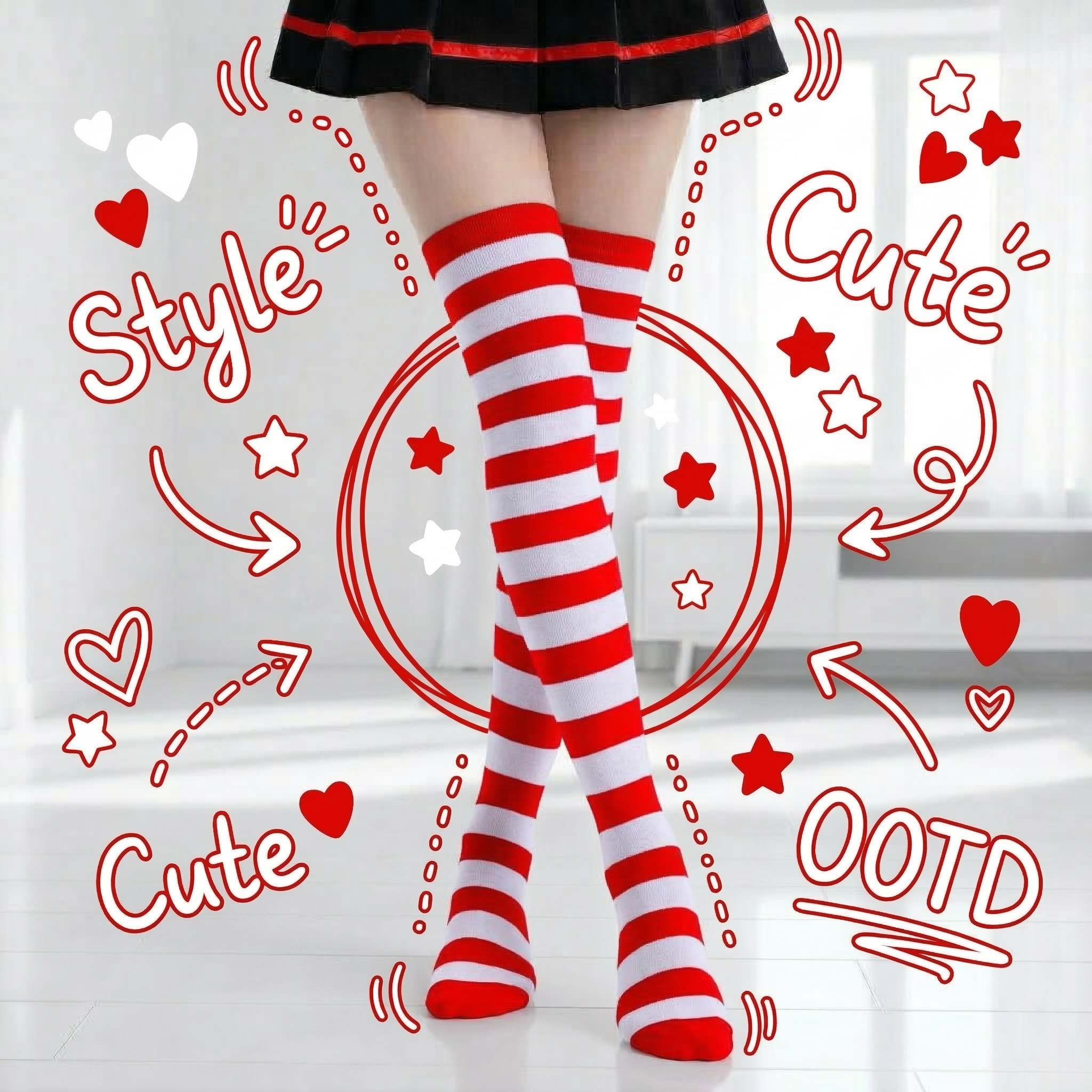 かわいいしましま靴下 レッド