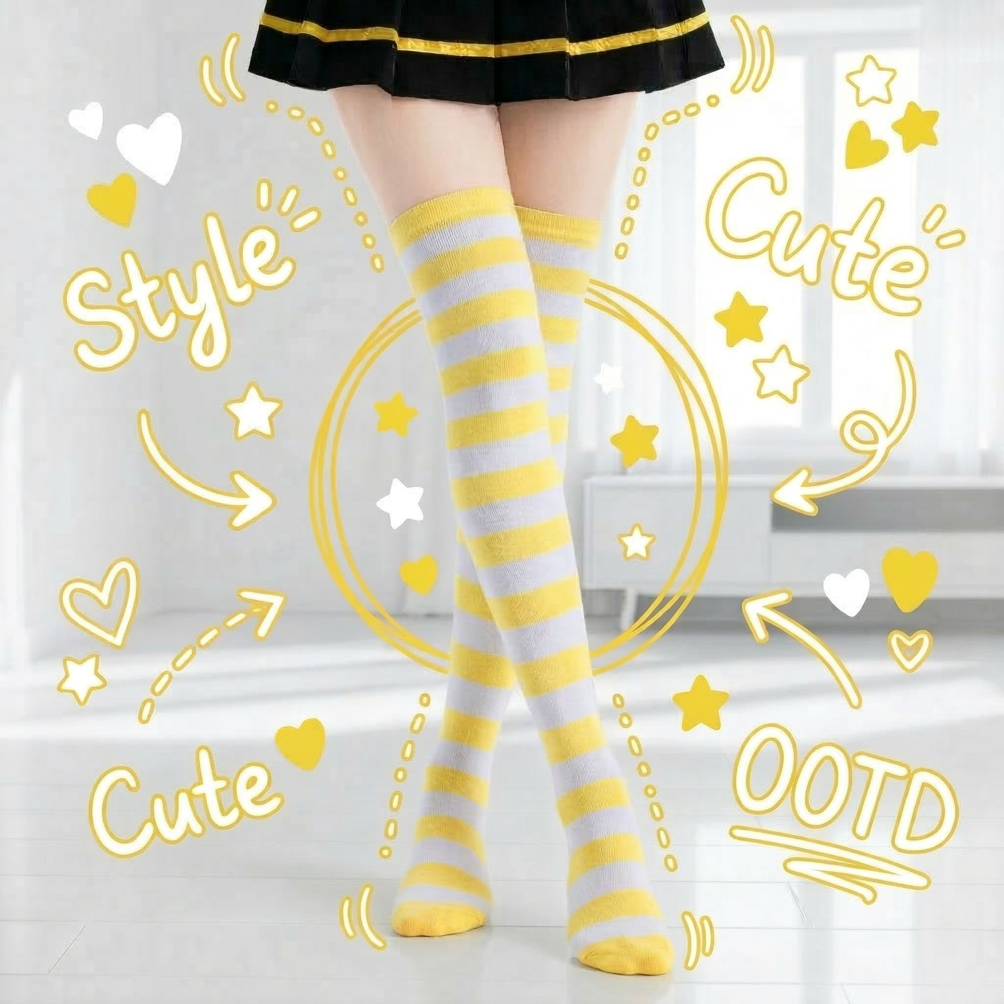 かわいいしましま靴下 イエロー